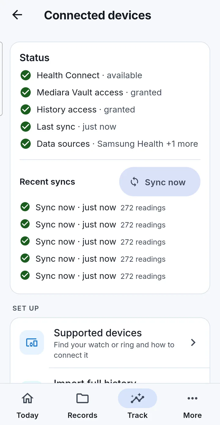 The Connected devices screen: a status list confirming Health Connect is available, access granted and the last sync, a list of recent syncs, and links to supported devices and full history import.