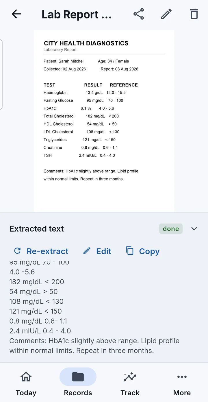 A stored lab report opened in the app, with an “Extracted text” panel beneath it marked done, offering re-extract, edit and copy.