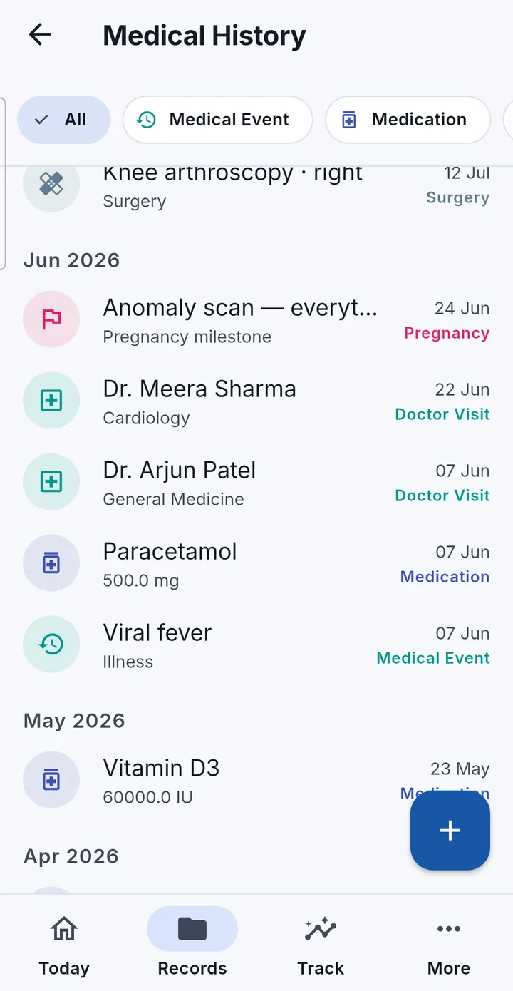 The Medical History screen showing June 2026: a pregnancy milestone, two doctor visits with specialties, a medication and an illness, each tagged with its record type.