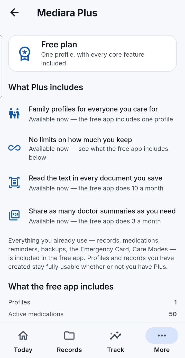 The Mediara Plus screen in the app: the current free plan, what Plus includes, a note that everything already in use is included in the free app, and the start of the free plan's limits table.