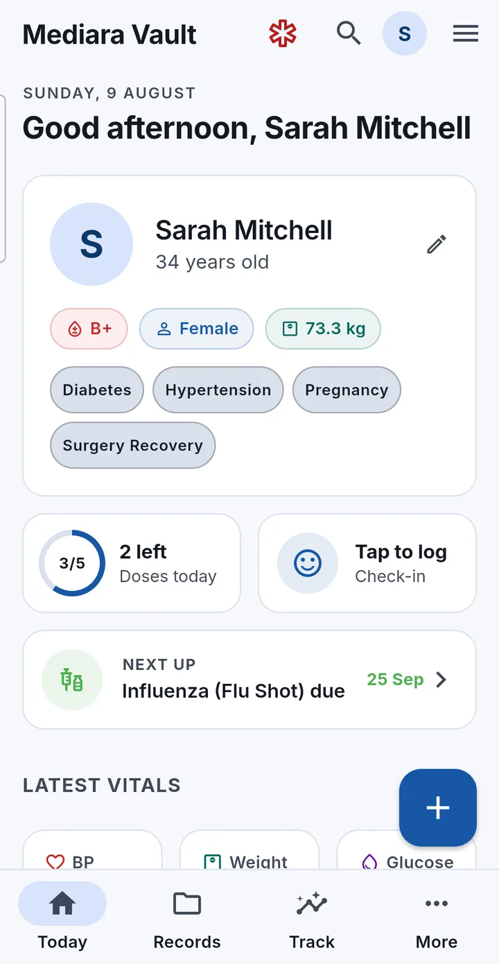 The Mediara Vault Today screen: a greeting, a profile card showing blood group B+ and active conditions, a ring reading 3 of 5 doses taken today, a daily check-in tile, and the next vaccination due.