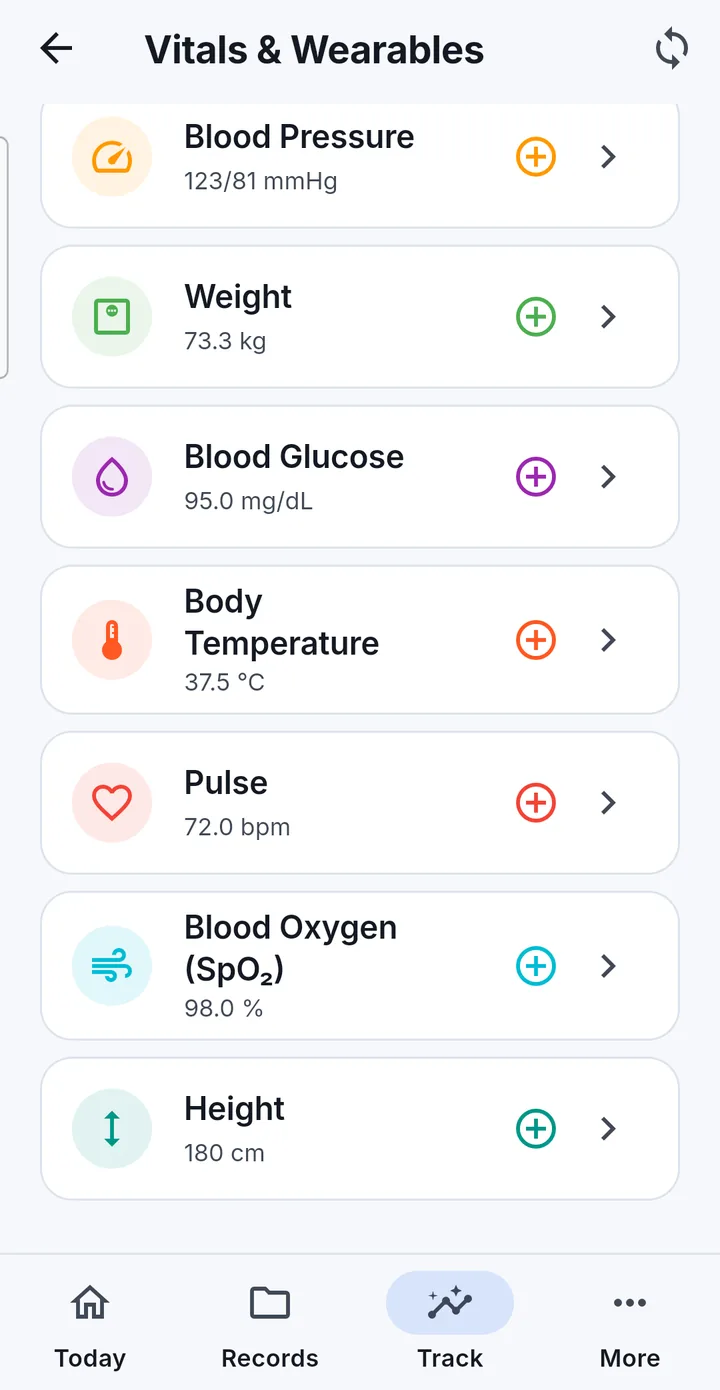The Vitals and Wearables screen listing blood pressure, weight, blood glucose, body temperature, pulse, blood oxygen and height with their latest values.